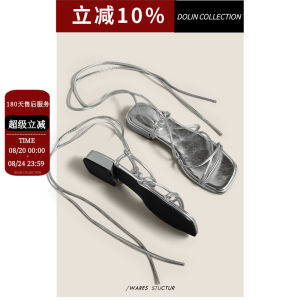 Silver Bohemian Fairy Style Womens Sandals Roman Tie-Wrap Casual Slippers mid Heel Square Head Comfortable Youth Footwear