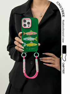 Adjustable Single Shoulder Strap Phone Case for iPhone 13 14 15 pro Max Creative Artistic Chinese Style Fish Design Double Hole