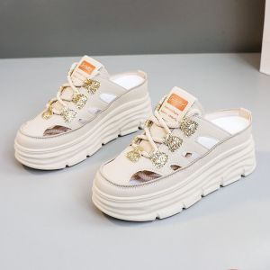 Women Wedge Slippers Leather Thick Sole Toe Wrap Slippers Summer French Commuting Casual Sandals