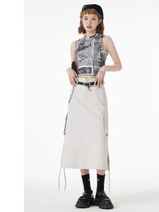 Summer American Retro Spicy Girl Workwear Mini Skirt High Waist Drawstring Side Split Design Slimming Midi Skirt for Women