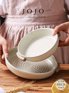JOJOS L PD.Buzz Retro Japanese Style Ceramic Plate with Double Ears Screw Thread round Dish for Oven Dining Utensils