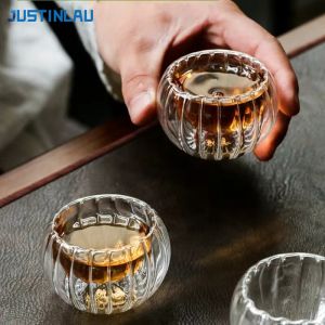 JUSTINLAU 50ml Stripe Double-layer Glass Small Tea Cup Exquisite Heat Resistant Teaware Transparent Pumpkin shape Puer TeaCup