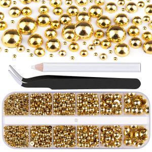 12Grids 3D Silver Half Round Pearls Nail Charms+ 2Tools 2-8mm Pearl Caviar Nail Art Decorations DIY Punk Cool Manicure Accessory