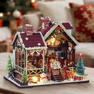 DIY Wooden Warm Christmas Lodge Casa Doll Houses Miniature Model Kits Dollhouse with Furniture LED Lights for Friends Gifts