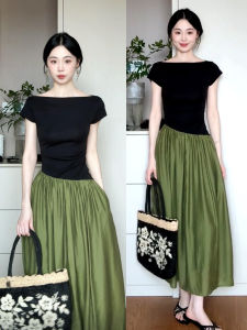 PEIZIXUAN | Summer Petite French Style Contrast Trim Green Dress Elegant