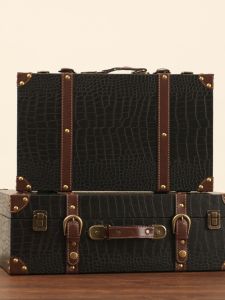 Retro Black Leather Suitcase Vintage Style Storage Box Nordic Style Wooden Material for Bedroom Photography Props Old Fashioned Handheld Case