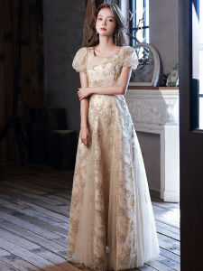 Elegant Long Evening Gown Champagne Color Short Sleeve Korean Style Wedding Dress for Women Party Performance Luxury Bridal Dress