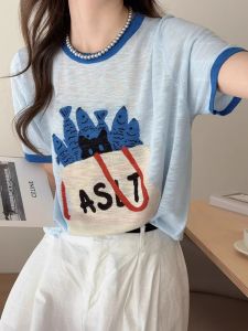 Blue Cartoon Ice Silk Bamboo Fabric Summer New Style Womens Short Sleeve T-shirt Korean Style Unique Beautiful Trendy Top
