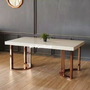 Meja Makan Top Marmer Krem Kaki Stainless Rose Gold
