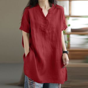 Cotton Linen V-Neck Short Sleeve Mid-Length Casual Dress for Plus Size Women Loose Fit Summer Work Clothing