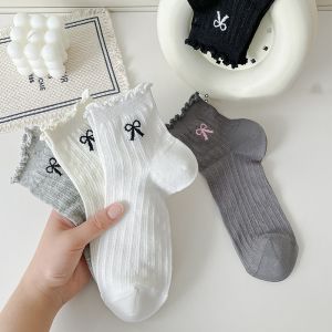Womens Solid Color Cotton Sock Sweet and Cute Student Curl Mesh Bows Mid Calf Socks Fashion Spring and Autumn Black and White Grey Pile Socks