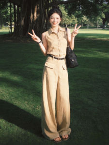 LIRUSHAN | Vintage Style Summer Korean Vest Wide Leg Trousers Set