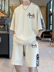 ROMON | ชุดกีฬาผ้าไหมน้ำแข็งฤดูร้อนสำหรับผู้ชาย ชุดเสื้อยืดแขนสั้นบางลำลองสไตล์จีน ชุดสองชิ้น เสื้อผ้าทำงานลำลอง