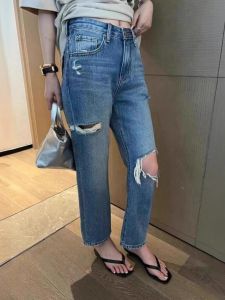 ฉีกสูง เอว ขาตรง กางเกงยีนส์ ผู้หญิง บาง หลวม Fit ฤดูร้อน เดนิม กางเกง ขนาดใหญ่ พรางหุ่น เก้าชิ้น หลวม กางเกงยีนส์