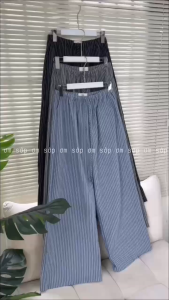 Xanh/ Xám/ Đen sọc Quần linen dài ống suông rộng cạp trước bo chun dây rút có túi tiện lợi basic tôn dáng LAURA PANTS