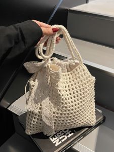 New Summer Beach Straw Woven Handbag Hollow out Hook Weaving Mesh Bag Womens Casual Style Soft Handheld Shoulder Tote Bag