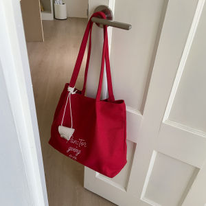 Red Letter Canvas Tote Bag Womens 2025 New Summer Super Popular Commuter Single Shoulder Bag Casual Large Capacity