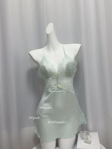 เซ็กซี่ Mint Wave Ice ผ้าไหม สายคล้อง ชุดนอน ผู้หญิง ใหม่ ลูกไม้ เสื้อผ้าบ้านระดับไฮเอนด์ กระโปรงสั้น คอ V ฤดูร้อน นอน เดรส