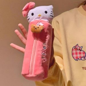 Cute Hello Kitty Plush Pencil Case Cartoon Anime Cosmetic Storage Bag Kawaii Large Capacity Girl Birthday Stationery Gifts