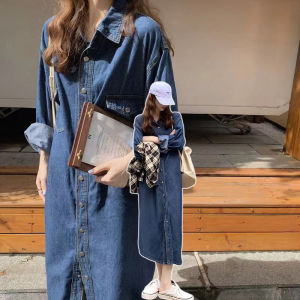 Elegant Ladyish Denim Shirt Dress Long Skirt Conceal Meat Slimming Spring Autumn Wear French Indifferent Style A-Line Skirt