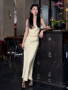 French Elegant Satin Slim Fit Strap Dress Womens Fashionable Summer New Style Long Waist-Cinching Gown Korean Style Stretch