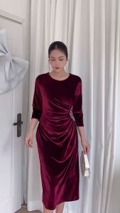 Đầm dự tiệc DA050 vải nhung nhúng eo đính ngọc trai sang trọng- Khánh Linh Style