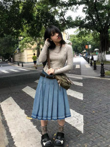 กระโปรงยีนส์ทรงเอเอวสูง กระโปรงจีบ กระโปรงยาวปานกลาง สำหรับผู้หญิง ฤดูใบไม้ผลิและฤดูใบไม้ร่วง ดีไซน์เก๋ไก๋ กระโปรงทรงเอ