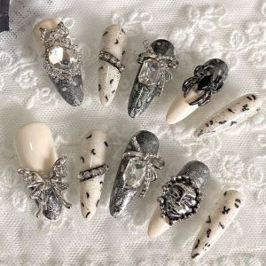 10 Móng Tay Giả Thủ Công Hình Hạnh Nhân Màu Trắng Sữa Họa Tiết Bướm Dành Cho Nữ Dùng Trong Tiệc Tùng Chất Liệu ABS