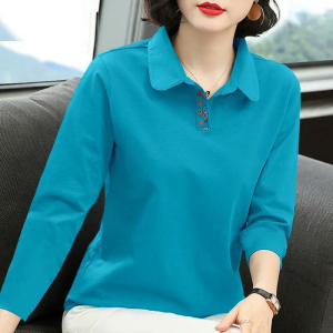 Long Sleeve Polo Shirt Womens Base Layer Top Middle-Aged Mom Spring Autumn Wear plus Size Two-Piece Set Fashionable Casual Wear