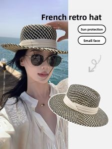 BILLI ZILLY | French Style Panama Straw Hat Womens Summer Sun Protection Beach Vacation Retro British Flat Top Straw Hat Casual Big Brim Hat