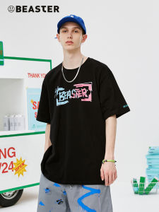 BEASTER Hand-Painted Print Short-Sleeve T-Shirt round Neck Casual Summer Top for Men Loose Fit Cotton 100% Fashionable Trendy