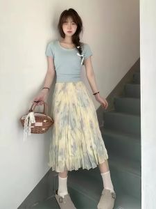 VKSOD | Summer Dopaamine Floral Print Knitted Short Sleeve High Waist Half Skirt Womens New Style Two Piece Set Round Neckline Casual Wear