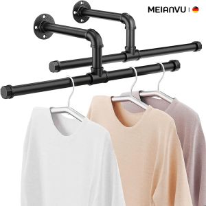 Industrial Pipe Clothes Rack Heavy Duty Rustic Detachable Wall Mounted Clothing Rack Black Iron Garment Bar Multi-purpose Hanging Rod for Closet Storage