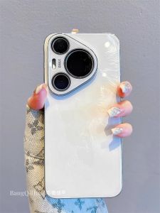 Luxurious Feather Pattern Glass Mirror Phone Case for Huawei Pura70 Pro+ Full Cover Anti-Fall Elegant Womens Style Mate60 Pro+