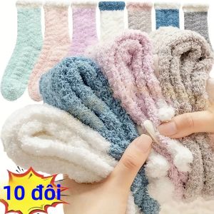 10 Đôi Tất Nữ Dày Ấm Áp Mùa Đông Tất Ống Trung Bình Nhiều Màu Sắc Lông Cừu San Hô Dễ Thương Thoải Mái Thông Thường Dệt Kim Polyester Elastane Tất Dài