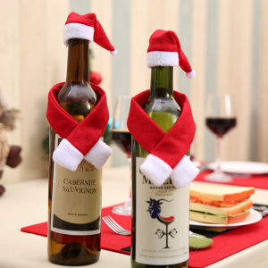 【♡Lovely girls house♡】Mini Christmas Santa Claus Hat Scarf for Wine Bottle Christmas Silverware Holders Candy Covers Bottle Decorations