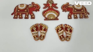 Traditional Reusable Red Laxmi Charan Paduka with Kalash & Elephant Acrylic Rangoli Decor for Diwali (1 Set)