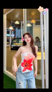 TW21576 เสื้อเกาะอก ดอกชบา ผ่าข้าง 2 ข้าง ..