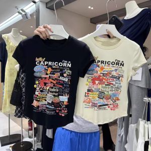 SUSHOUWANGE | Womens Colorful Letter Print Gray Slim-Fit Regular Short Sleeve T-Shirt
