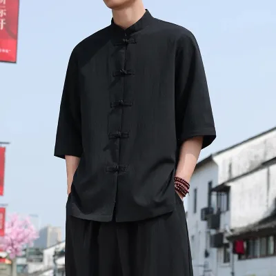 Chinese Style Tai Chi Collar Half Sleeve Shirt Mens Casual Fashion Summer Cool Feeling Button up Top Trendy Scholar Gown