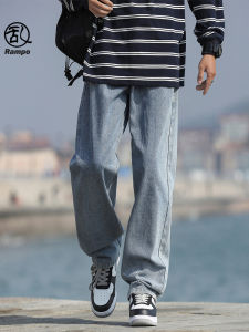 กางเกงยีนส์ทรงหลวมขาตรงสีน้ำเงินอ่อนสไตล์อเมริกันสำหรับผู้ชาย กางเกงขายาวทรงหลวมสไตล์สตรีท กางเกงขายาวทรงหลวมสำหรับผู้ชาย