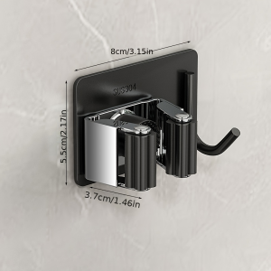 Self-adhesive no-drill mop and broom holder with stainless steel hooks suitable for kitchens toilets and bathrooms.