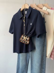 Polo Collar Plus Size Embroider Shoulder Short-Sleeved T-shirt Womens Summer Slightly Oversized Girls Loose Tummy Hiding Fat Hiding Slimming Top