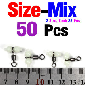 MNFT 50Pcs Fishing 3-Way Swivel with Luminous Beads T-Turn Rolling Barrel Connector for Sea Fishing Tackle