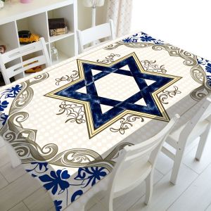 VIKAMA Jewish Holiday Rectangular Tablecloth Star of David Vintage Floral Pattern Washable Table Cover Festival Home Decor