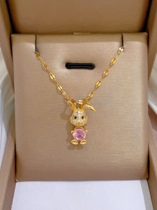 Cute Rabbit Cat Princess Necklace for Girls Titanium Steel Cross Chain Lock Clasps Alloy Inlaid Artificial Gemstones