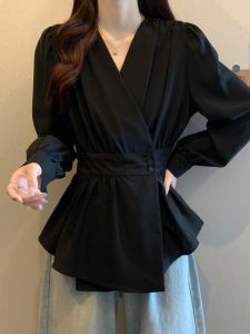 Áo Sơ Mi Dài Tay Màu Đen Ôm Vừa Vặn Cho Nữ Xuân Thu Cỡ Lớn Thiết Kế Giảm Béo Cổ Chữ V Đẹp Nhỏ Áo Sơ Mi