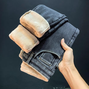 Quần Jeans Denim Co Giãn Ôm Vừa Vặn Lót Lông Cừu Dày Cho Nữ Thu Đông Quần Ống Thẳng Ôm Vừa Vặn Co Giãn Quần Thun
