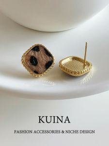 Elegant Pure Silver Needle Square Leopard Print Earrings Fashionable Face Slimming Hong Kong Style Womens Fashion Jewelry