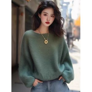 Super Stylish Green Soft Plush Bear Knitwear Womens Early Autumn New Style round Neck Overhead Long Sleeve Polyester Fiber